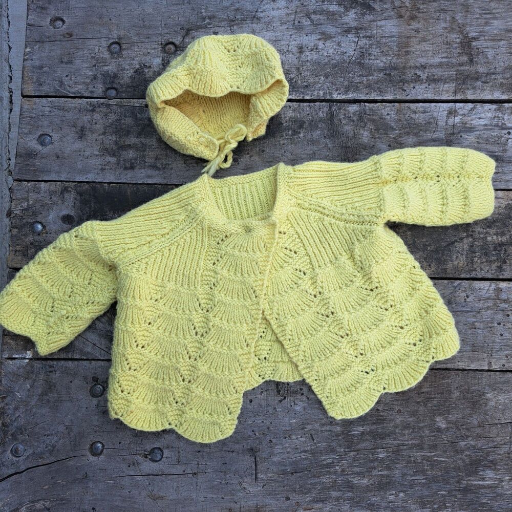 Vintage Handmade Toddler Crochet Yellow Knit Sweater Hat Set 2pc Set 2T 3T 4T